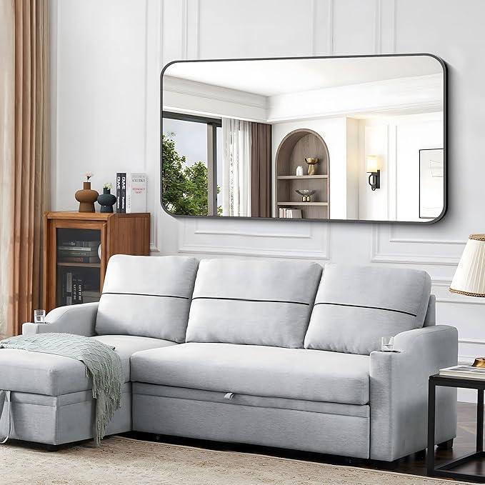 CIVENO Black Bathroom Mirror, 66x36 inch Aluminum Metal Frame Rectangular Vanity Mirror, Large Wall Mounted Rectangle Mirrors with Rounded Corner for Over Sink Bedroom Living Room Horizontal/Vertical - ModernBath