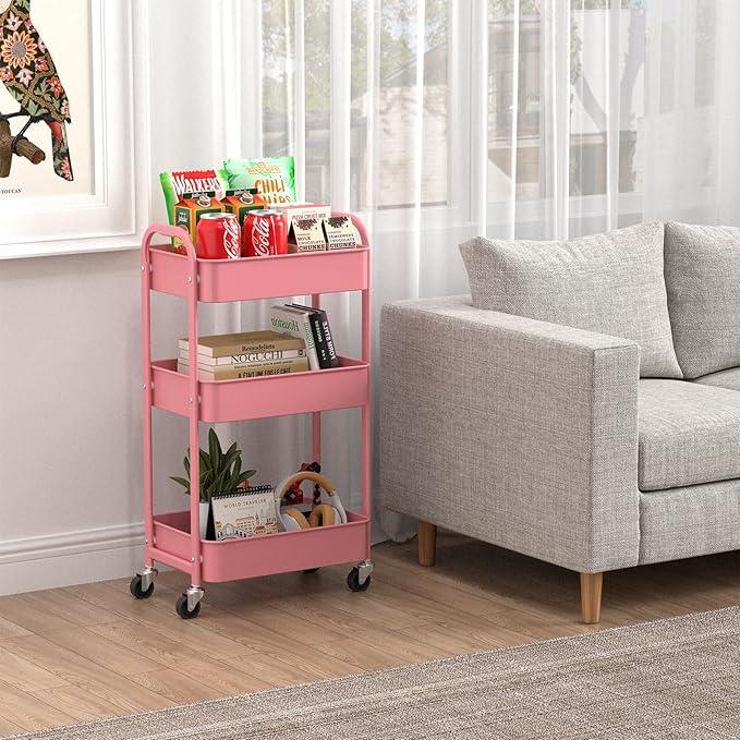 MAX Houser 3-Tier Rolling Utility Cart with Caster Wheels,Easy Assembly, for Kitchen, Bathroom (Pink) - ModernBath