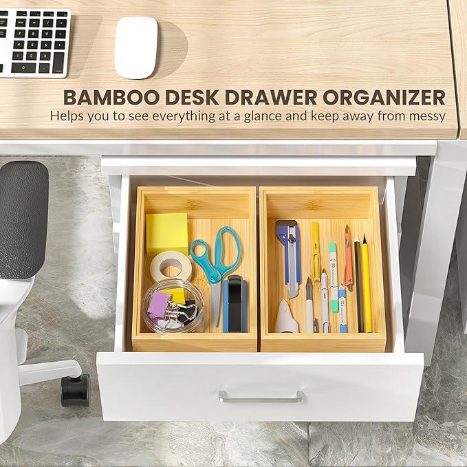 Kitchen Drawer Organizer Bins, Stackable Bamboo Drawer Organizer for Silverware, Flatware, Deep Office Desk Drawer Organizer Tray, Desktop Pen, Office Organization 9" x 6" x 2.5" (Set of 2) - ModernBath
