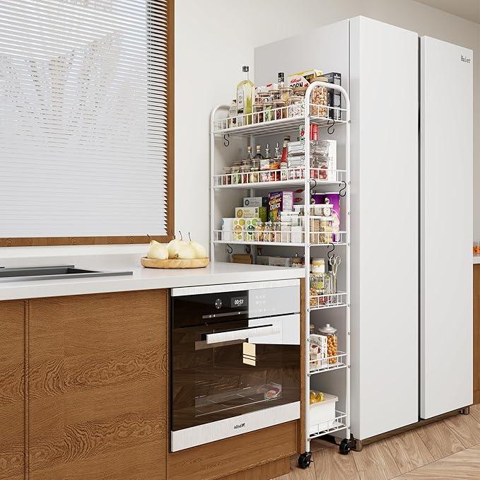 6 Tier Slim Rolling Storage Cart with Wheels, Metal Mobile Shelving Unit Organizer Utility Cart for Office Bathroom Kitchen Laundry Room Narrow Places (White 10 Inches) - ModernBath