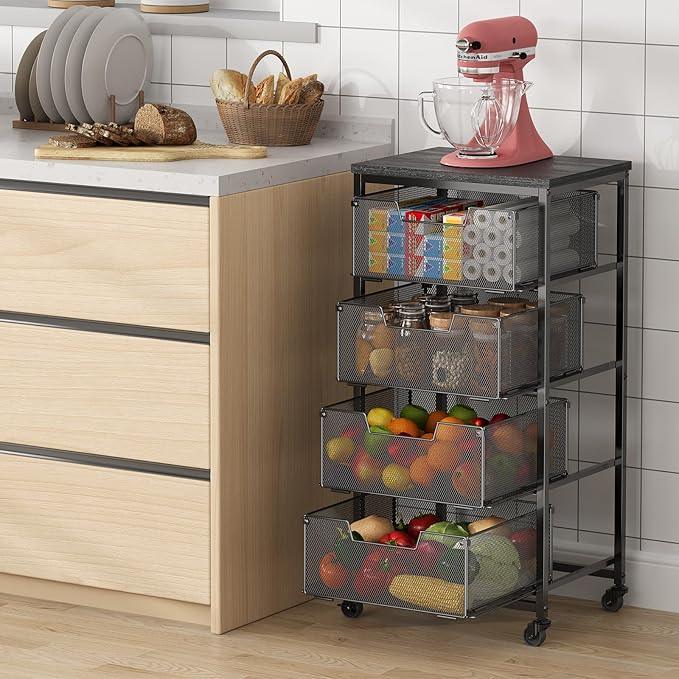 4-Tier Fruit Vegetable Storage Cart - Kitchen Organizer and Storage Cart with Wheels, Wooden Top Metal Wire Fruit Vegetable Rack Stand with Drawers to Storage Cans Snacks for Kitchen(Patent Pending) - ModernBath