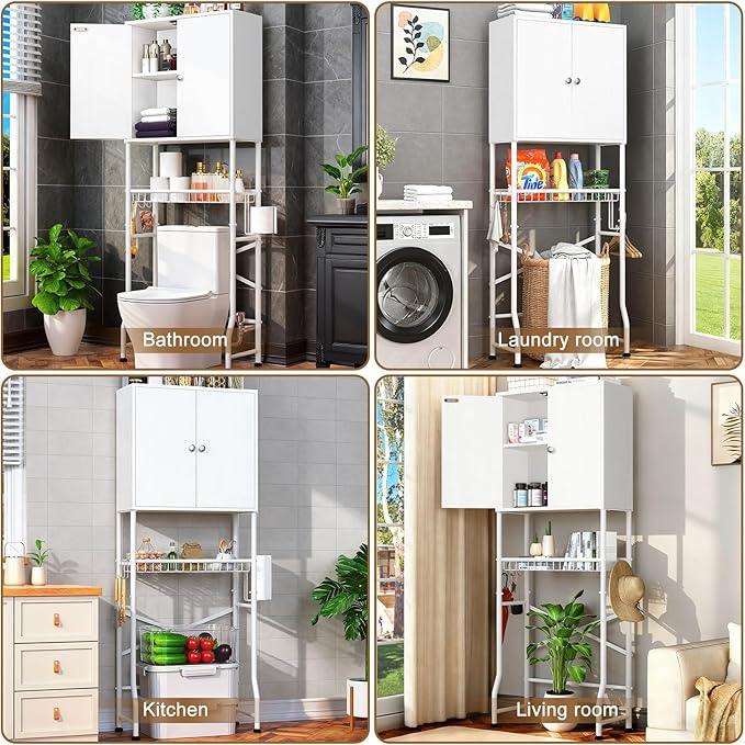 Over The Toilet Storage Cabinet - Bathroom Organizers Shelf with Barn Doors, Freestanding Space-Saver Above Toilet Storage Cabinet , Water-Resistant Rack for Bathroom，Anti-Tip Toilet Shelves (White) - ModernBath