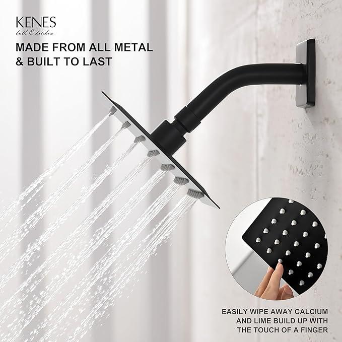 KENES Matte Black Shower Faucet with 6-Inch Shower Head and Handle Set, Square Shower Faucet Set Bathroom Rainfall Shower System Wall Mount, KE-6025B-2 (Shower Valve Included) - ModernBath