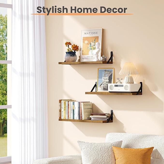 upsimples Floating Book Shelves for Wall, 23.6 Inches Floating Wood Shelves for Living Room, Laundry Room, Bedroom, Office Organizer and Storage, Brown - ModernBath