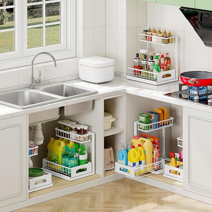 Under Sink Organizer and Storage, Height Adjustable Cabinet Organizer with Slide Out Drawer, Pull Out Under Sink Storage, Multi-Purpose 2 Tier Sink Shelves for Kitchen Bathroom Pantry (White, 1 Pack) - ModernBath