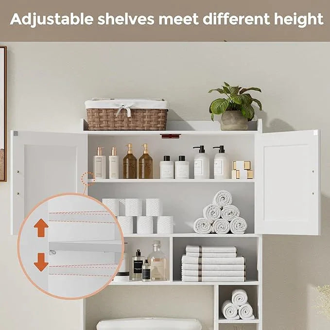 Homhedy Over The Toilet Storage Cabinet with 2 Barn Door and Toilet Paper Holder Stand, FreeStanding Toilet Shelf Space Saver, for Bathroom, Restroom, Laundry, White - ModernBath