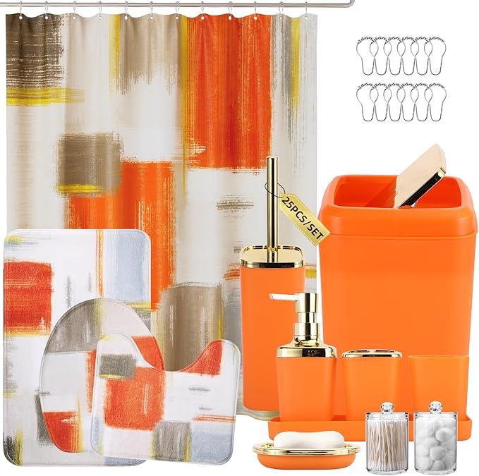 XLHOMO Bathroom Set - Orange Bathroom Accessories Set, Bathroom Sets with Shower Curtain and Rugs, Orange Shower Curtain Set with Bathroom Trash Can, Soap Dispenser, Soap Dish for Home Decor - ModernBath