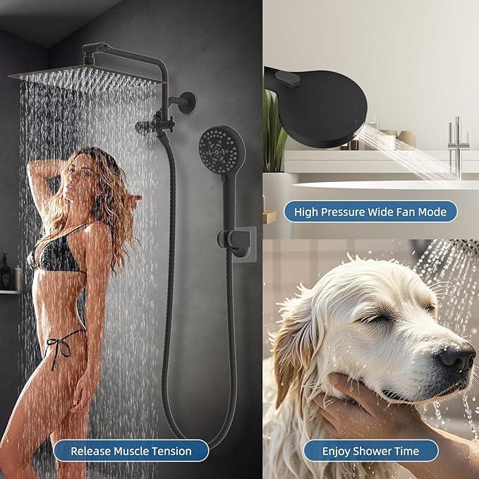 12" All Metal Shower Head, High Pressure 10-Spray Handheld Showerhead Rainfall Shower Head Combo with 11" Adjustable Shower Extension Arm, 71" Hose, Shower Head Holder, Oil Rubbed Bronze - ModernBath