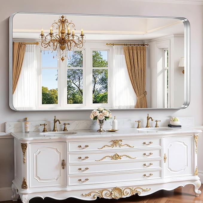 FORBATH 72x36 Inch Oversized Bathroom Mirror for Double Sinks, Brushed Silver Deep Frame Full Length Wall Mirror with Rounded Corners, Anti-Rust Tempered Glass (Horizontal/Vertical) - ModernBath