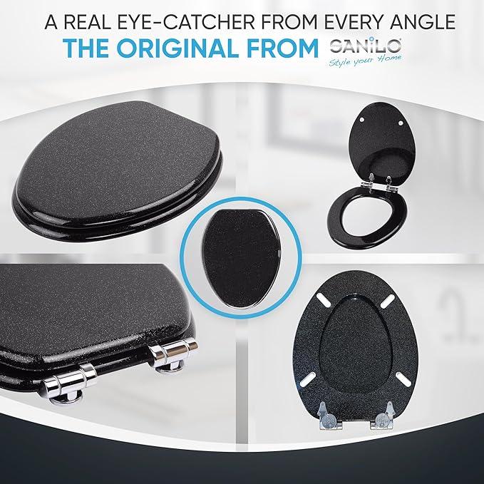SANILO Wooden Toilet Seat with Soft Close [ELONGATED] - Decorative, Quiet & Slow Close Molded Wood Seat - With Strong Bumpers & Hinges - Adjustable Fit - Glittering Black - ModernBath
