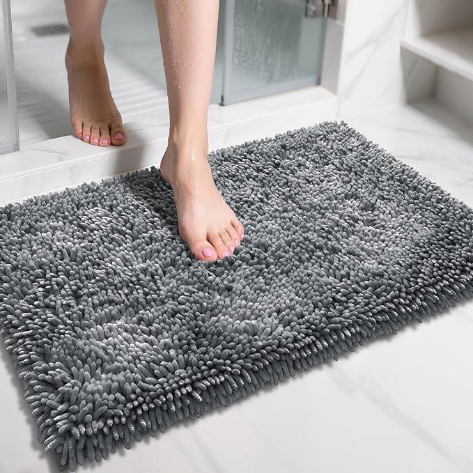 Yimobra Chenille Bathroom Rugs Non Slip, Extra Thick Soft Absorbent Bath Rug 31.5x20 Inch, Machine Washable Quick Dry Bath Mat for Bathroom Floor, Tub and Shower, Home Decor Accessories, Silver - ModernBath