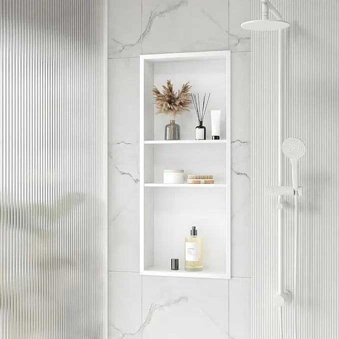 Qeke Stainless Steel Shower Niche 12" X 30", No Tile Needed Wall Niche Three-Tier, Recessed Shower Shelf for Bathroom Storage, Matte White - ModernBath