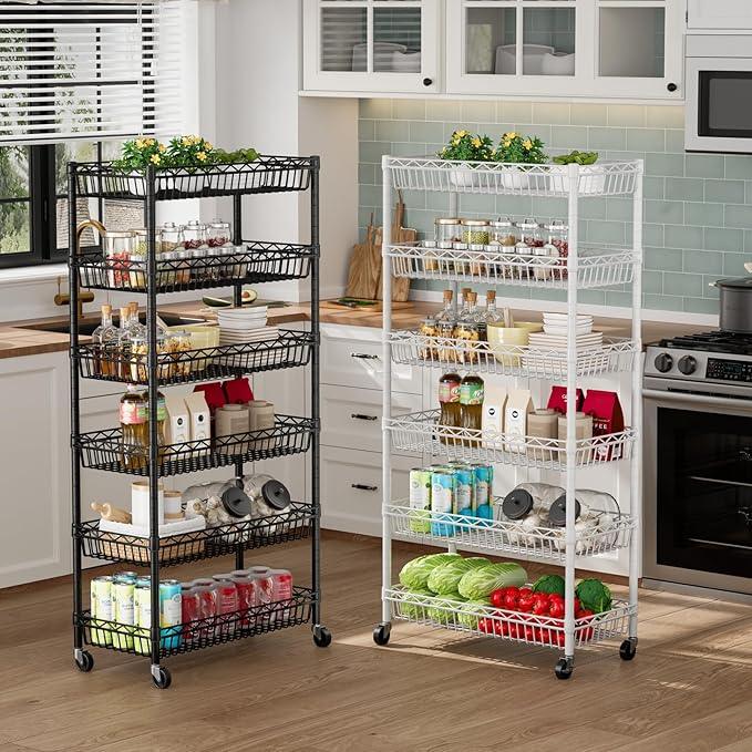 6 Shelves Storage Shelf Wire Closet Bathroom Organizers Metal Pantry Kitchen Garage Shelving Unit Laundry Room Organization Home Rack Net Basket Black with Wheels 30" Dx14 Wx65 H - ModernBath