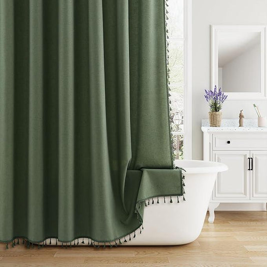 Nanspring Olive Green Boho Linen Shower Curtain for Bathroom Long 78 Weighted Tassel Farmhouse Fabric Tall Neutral Shower Curtain Set with Hooks Vintage Bath Accessories Decor Water Repellent 72x78 - ModernBath