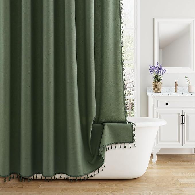 Nanspring Olive Green Boho Linen Shower Curtain for Bathroom Luxury Fancy Modern Rustic Fabric Shower Curtain Set with Hooks Farmhouse Hotel Style Bath Accessories Decor Water Repellent 72x72 - ModernBath