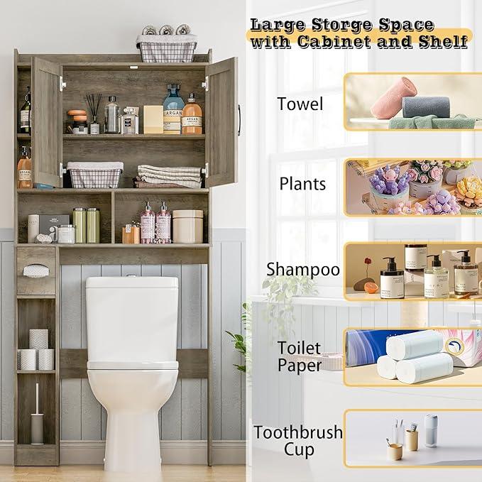 Over The Toilet Storage Cabinet, Farmhouse Storage Cabinet Over Toilet with 2 Barn Door & Toilet Paper Holder Stand, Home Space-Saving Rack, for Bathroom, Restroom (Grey). - ModernBath