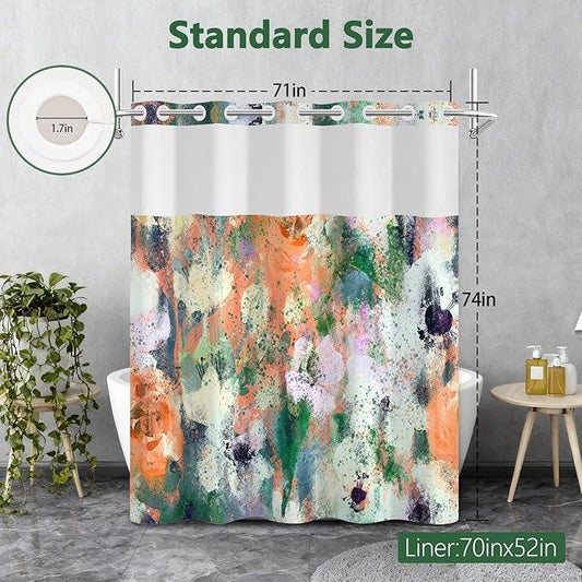 Abstract Colorful Shower Curtain with Liner, Watercolor Modern Aesthetic Bathroom Curtains, Hotel Style Double Layers No Hook Shower Curtain, Washable Waterproof Fabric, Green Yellow 71x74 inch - ModernBath