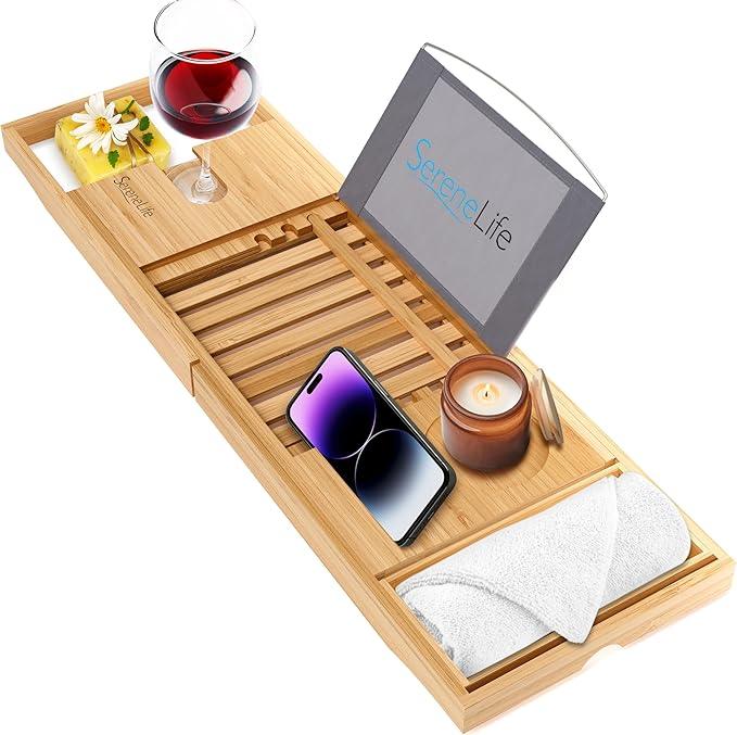 SereneLife Luxury Bamboo Bathtub Caddy Tray - Adjustable Natural Wood Bath Tub Organizer with Wine Holder, Cup Placement, Soap Dish, Book Space & Phone Slot for Spa, Bathroom & Shower - SLBCAD20 - ModernBath
