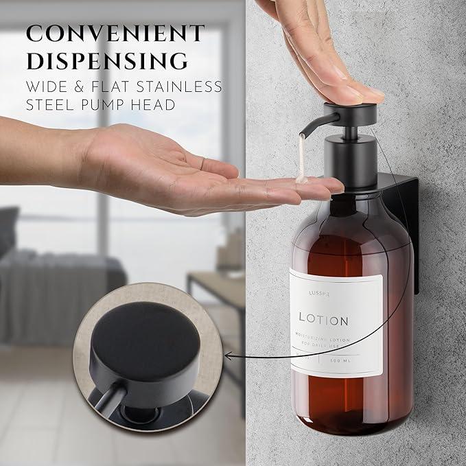 Shampoo & Conditioner Dispenser - Shower Soap Dispenser Wall Mounted - Set of 3 16.9 Oz Plastic Bottles with Pump & Holder - Shampoo Dispenser - Shower Dispenser Chamber No Drill (3 X Amber/Black) - ModernBath