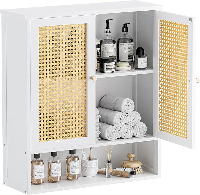 HITNET Bathroom Wall Cabinet, Rattan Medicine Cabinet, Bamboo Hanging Storage Organizer Over The Toilet with Adjustable Shelf for Living Room, Kitchen, Hallway(White) - ModernBath