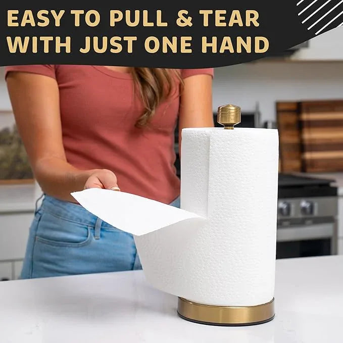Dear Household Stainless Steel Paper Towel Holder Easy One-Handed Operation - This Sturdy Weighted Paper Towel Dispenser Countertop Model Has Suction Cups and Holds All Paper Towel Rolls - Gold - ModernBath