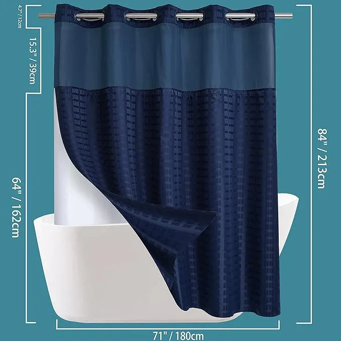 Conbo Mio Extra Long No Hook Shower Curtain with Snap in Liner Set, Hotel Luxury Navy Blue Shower Curtains for Bathroom with See Through Top Window, Waterproof, Washable 71W x 84H - ModernBath