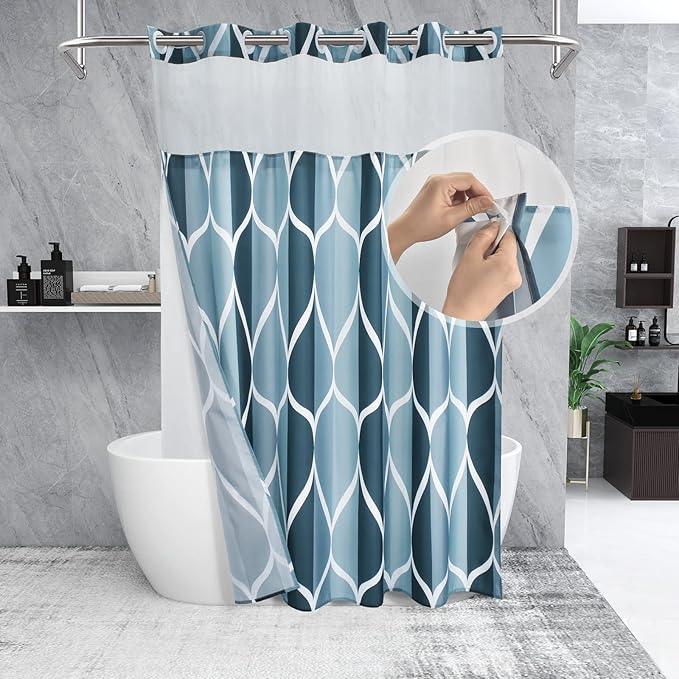 Yiatn No Hook Aegean Blue Shower Curtain with Snap in Fabric Liner Set - Hotel Style with See Through Mesh Top Window, Modern Geometric Waterdrop Design,Waterproof and Washable, 71x74 INCH - ModernBath