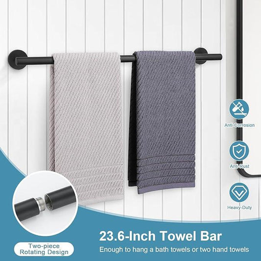 TQKAG 8-Pieces Bathroom Hardware Set Matte Black SUS304 Stainless Steel Bath Towel Bar Set 23.6 Inch Round Bathroom Accessories Kit Wall Mounted - ModernBath