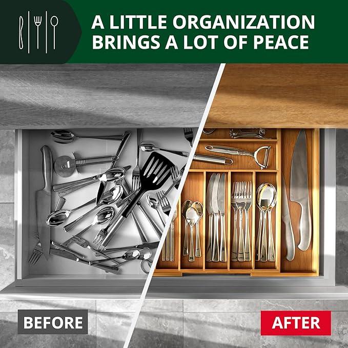 ROYAL CRAFT WOOD Luxury Bamboo Kitchen Drawer Organizer - Silverware Organizer, Utensil Holder & Cutlery Tray Drawer Dividers for Flatware (9 Slot, Natural) - ModernBath