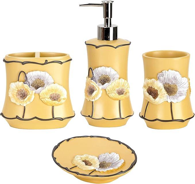 Zahari Home 4pc Poppy Fields Yellow Bathroom Accessories Set Hand Soap Dispenser, Tumbler, Tooth Brush Holder and Soap Dish Modern Contemporary Decor Complete Bathroom Sets with Shower Curtains - ModernBath