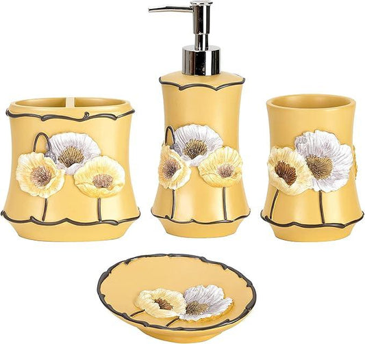 Zahari Home 4pc Poppy Fields Yellow Bathroom Accessories Set Hand Soap Dispenser, Tumbler, Tooth Brush Holder and Soap Dish Modern Contemporary Decor Complete Bathroom Sets with Shower Curtains - ModernBath