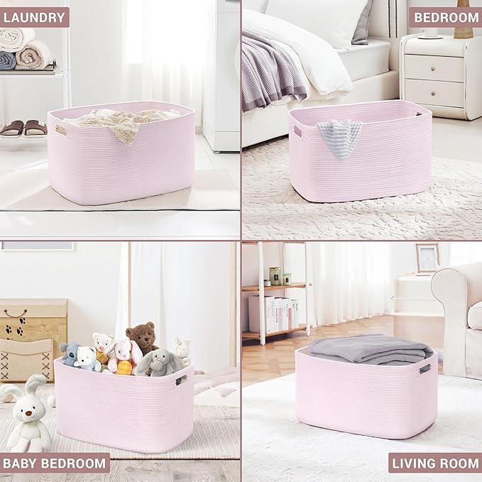 72L Large Baby Girls Laundry Basket for Nursery Storage,Cute Woven cotton Rope Baskets for Kids Toy，Gifts, Boho Square Wicker Blanket hamper for Living Room,Bedroom Dirty Clothes,Pink - ModernBath