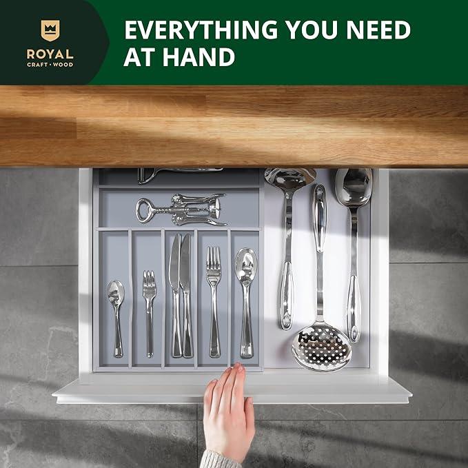 ROYAL CRAFT WOOD Luxury Bamboo Kitchen Drawer Organizer - Silverware Organizer - Utensil Holder and Cutlery Tray with Grooved Drawer Dividers for Flatware and Kitchen Utensils (7 Slot, Gray) - ModernBath