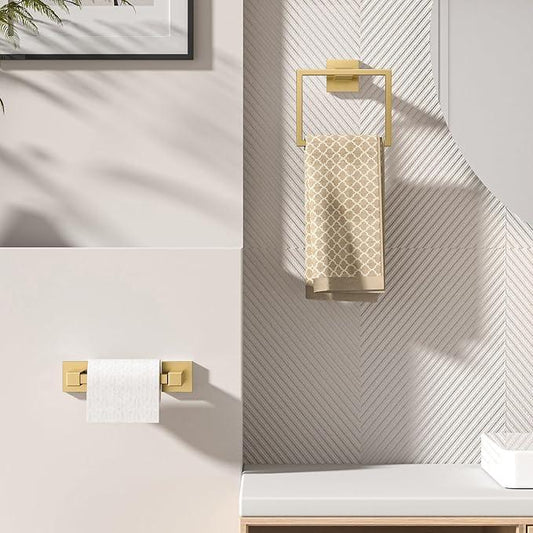 FORIOUS Toilet Paper Holder Set Wall Mount, SUS 304 Stainless Steel Pivoting Toilet Paper Holder and Towel Ring, Hand Towel Holder Set for Bathroom, Square Bathroom Hardware Set, Brushed Gold - ModernBath