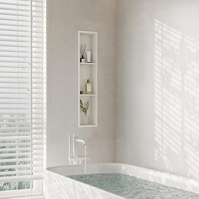 Qeke Stainless Steel Shower Niche 8" X 36", No Tile Needed Wall Niche Three-Tier, Recessed Shower Shelf for Bathroom Storage, Matte White - ModernBath