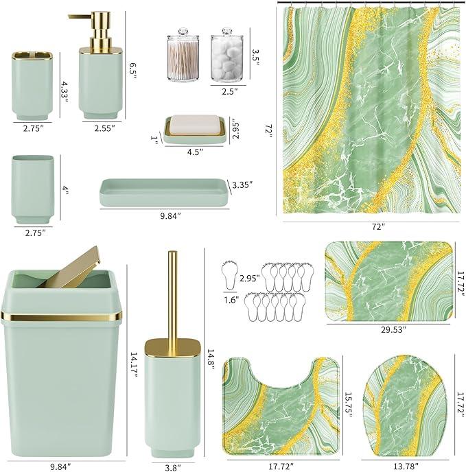 25PCS Bathroom Accessory Set, Green Bathroom Set with Large-Capacity 4 Gallon Trash Can,Bathroom Rugs Set, Waterproof Shower Curtain, Toilet Brush, Toothbrush Holder & Soap Dispenser - ModernBath