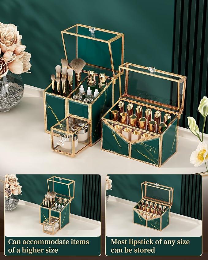 CoralHouse Makeup Organizer Countertop Set – Vanity Holder with 18-Slot Lipstick Organizer & Covered Makeup Brush Holder – Skincare, Perfume & Cosmetic Display for Bathroom or Dresser - ModernBath