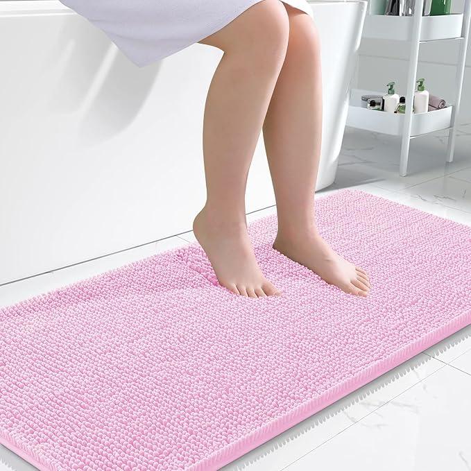 OLANLY Bathroom Rugs 47x24, Extra Soft Absorbent Chenille Bath Rugs, Rubber Backing Quick Dry, Machine Washable Bath Mats for Bathroom Floor, Tub and Shower, Home Decor Accessories, Pink - ModernBath