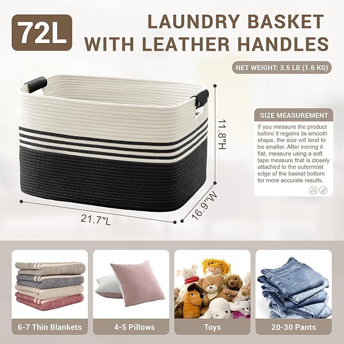 72L Large Laundry Basket with Leather Handles for Living Room Storage, Woven Rope Baskets Bin for Blanket, Kids Toy, Gifts, Wicker Hamper for Bedroom Dirty Clothes, 22"x17"x12" White Black - ModernBath