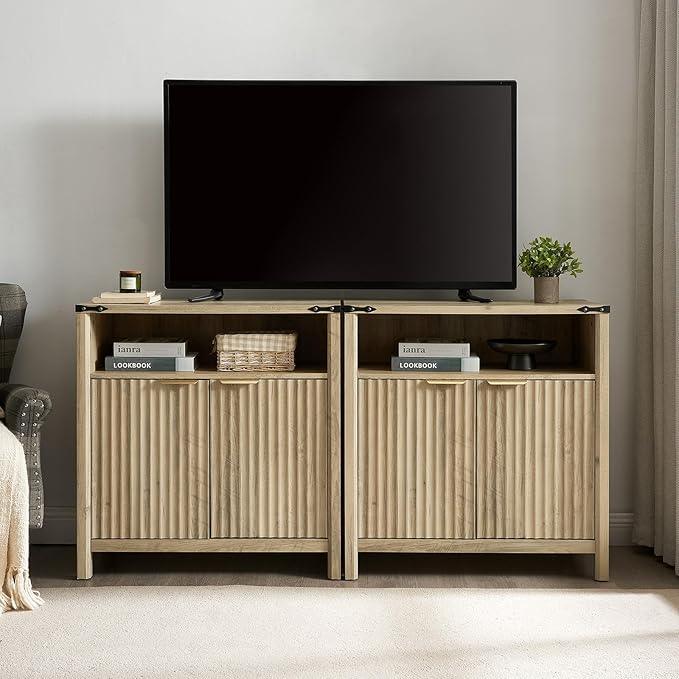Buffet Cabinet with Storage - Modern Farmhouse Rustic 32 Fluted Sideboard Storage Cabinet Buffet with Adjustable Shelves, Coffee Wine Bar Organizer for Dining Room (Sunwashed Ash Oak) - ModernBath