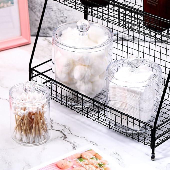 Meanplan 9 Pack Plastic Apothecary Jars with Lids Acrylic Holder Dispenser for Bathroom, 10/22/39 oz Clear Plastic Storage Jars Floss Container for Swab Cotton Ball, 3 Sizes (Acrylic Lid) - ModernBath
