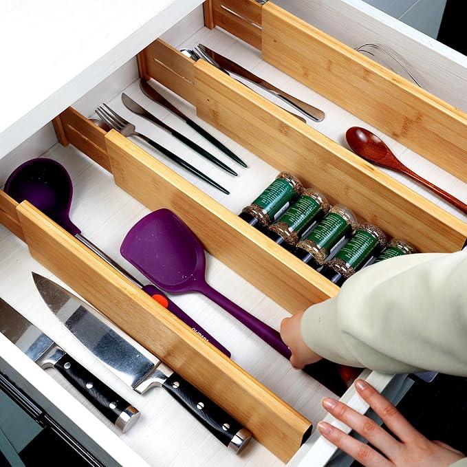 Utoplike Bamboo Drawer Dividers Large, 4'' High Adjustable Kitchen Drawer Organizers for Clothing, Spring Loaded, Works in Bathroom, Bedroom, Dresser, Desk, 4 pcs - ModernBath