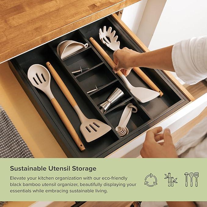 KitchenEdge Adjustable Kitchen Drawer Organizer for Utensils and Junk, Food-Safe Contract Grade with 100% Sustainable Wood, Expandable from 16 to 28 Inches Wide - Black Bamboo - ModernBath
