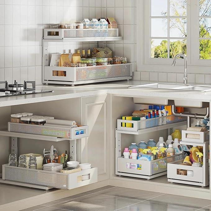 2 Pack 21.3IN-Depth Under Sink Organizer With Next-Gen Ball-Bearing Slides,2-Tier Pull Out Cabinet Storage,Height Adjustable Drawer Shelf for Bathroom,Kitchen,Laundry,Cabinet,Pantry-White - ModernBath