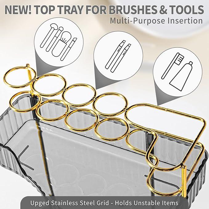 shuang qing Upgraded 2-Tier Corner Bathroom Countertop Organizer – Spacious Storage for Makeup, Skincare & Perfumes, Built-in Brush Holder Fits Vanity/Dresser/Bsthtub (Slate Gray) - ModernBath