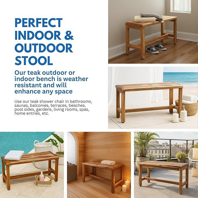 EcoDecors Eleganto 35 Inch Natural Color Waterproof Teak Wood Shower Bench Stool Seat Chair For Inside Shower Provides Safety, Storage, and Organization For Bathroom Accessories - ModernBath