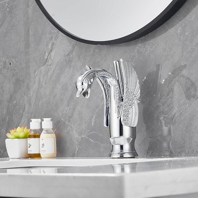 GGStudy Chrome Bathroom Faucet Swan Shape Single Handle One Hole Bathroom Vanity Faucet Basin Tap Deck Mount Lavatory - ModernBath