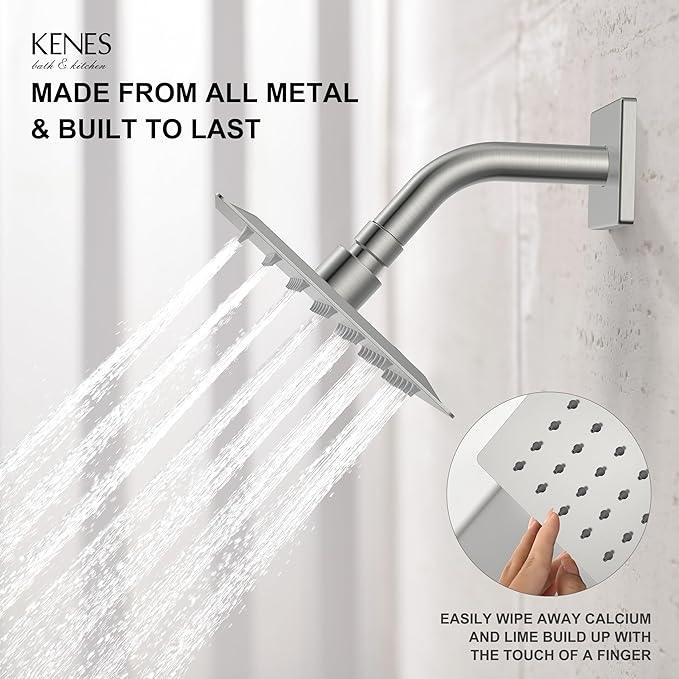 KENES Tub Shower Faucet Set Complete, Brushed Nickel Tub and Shower Trim Kit with 6-Inch Rain Shower Head, Square Shower System, KE-6025A (Shower Valve Included) - ModernBath