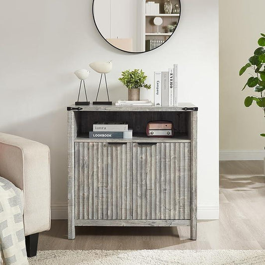 Buffet Cabinet with Storage - Modern Farmhouse Rustic 32 Fluted Sideboard Storage Cabinet Buffet with Adjustable Shelves, Coffee Wine Bar Organizer for Dining Room (Grey) - ModernBath