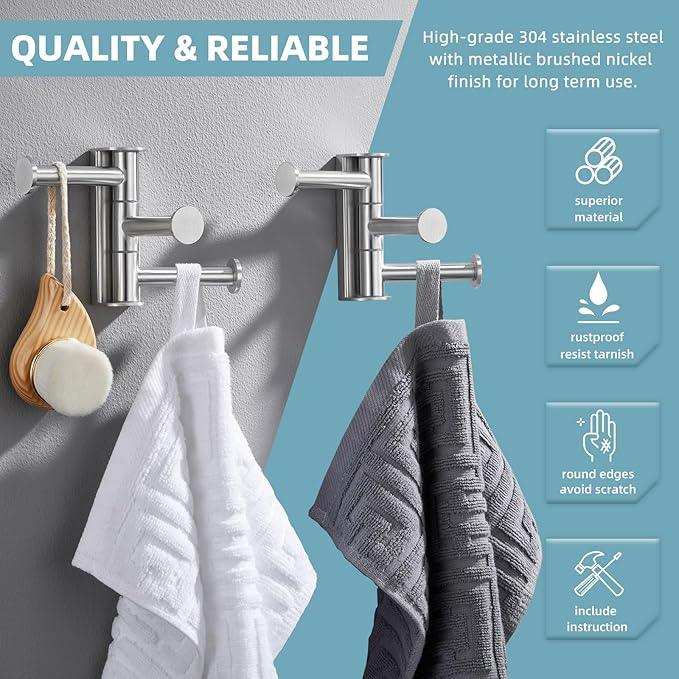 Angle Simple Swivel Towel Hook Brushed Nickel 2 Pack, SUS 304 Stainless Steel Bathroom Robe Hook for Wall - ModernBath